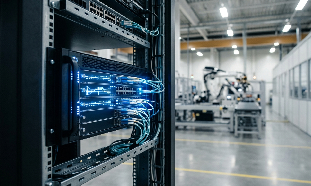 Servidor de red industrial con conexiones de fibra óptica e indicaciones lumínicas activas, representando un espacio de datos ciberseguro bajo la Data Act.