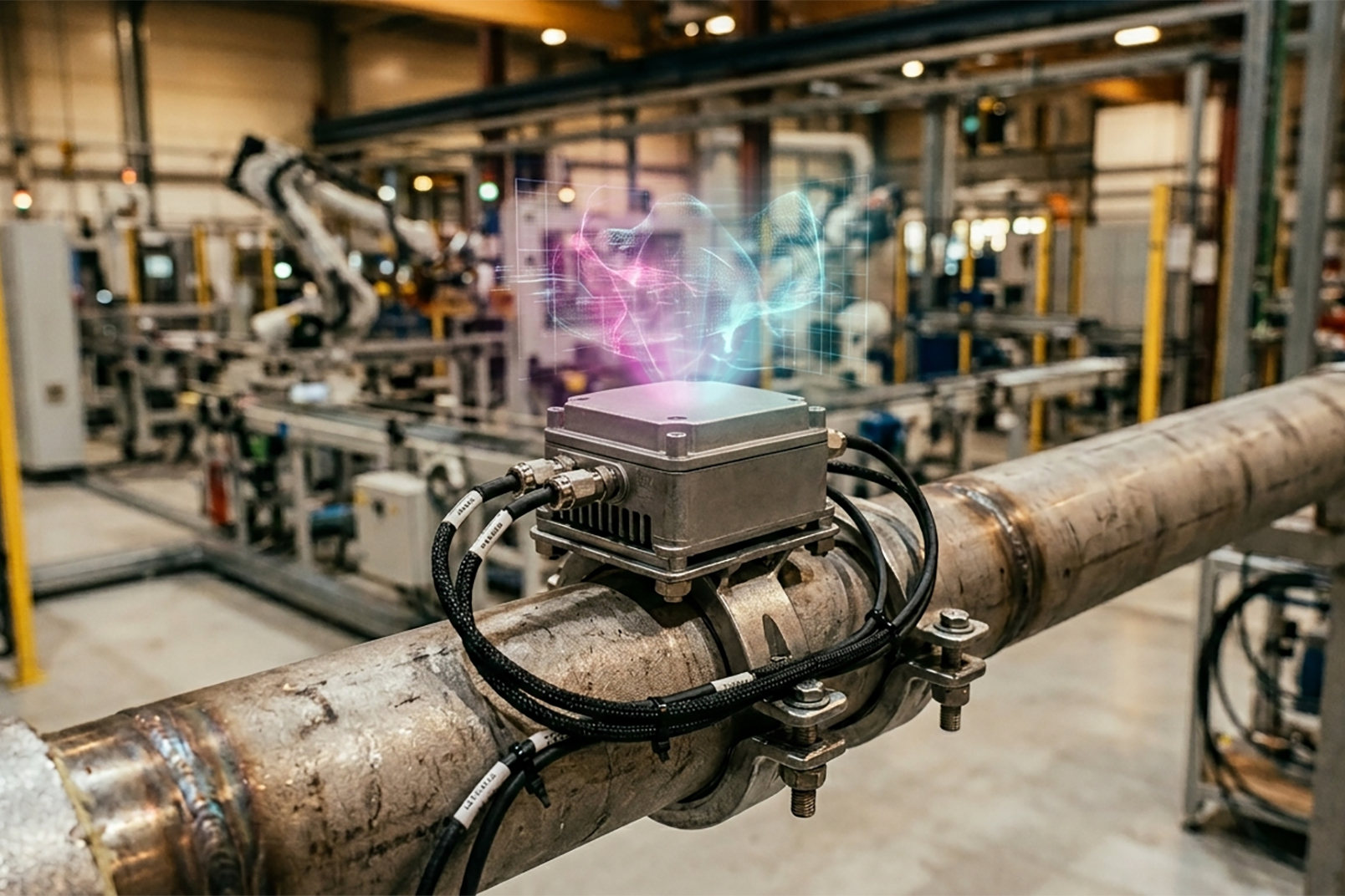 Módulo sensor compacto 5G RedCap instalado sobre una tubería industrial transmitiendo telemetría masiva a la red privada de la planta.