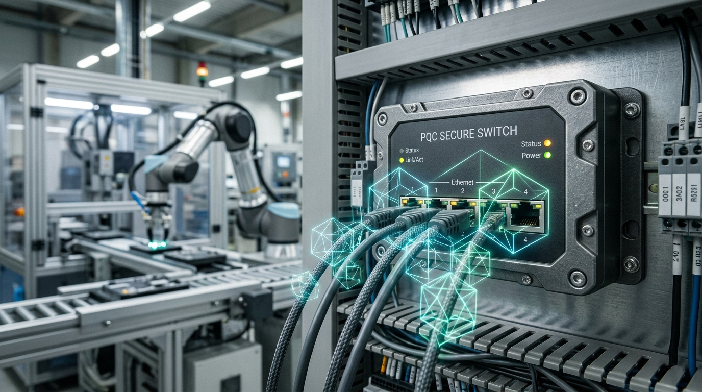 Conmutador de red industrial con una superposición gráfica conceptual de redes criptográficas poscuánticas (PQC) dentro de una planta automatizada.