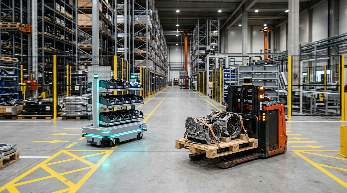 Dos modelos distintos de robots móviles autónomos (AMR) colaborando de forma coordinada en el pasillo de un almacén industrial automatizado.