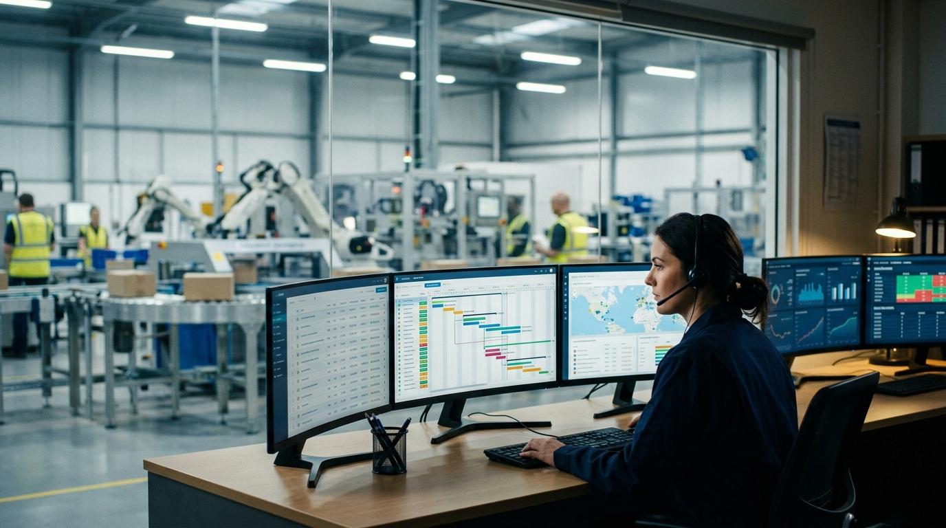 Monitor de control industrial mostrando diagramas de Gantt dinámicos de un sistema APS optimizando la secuencia de producción.