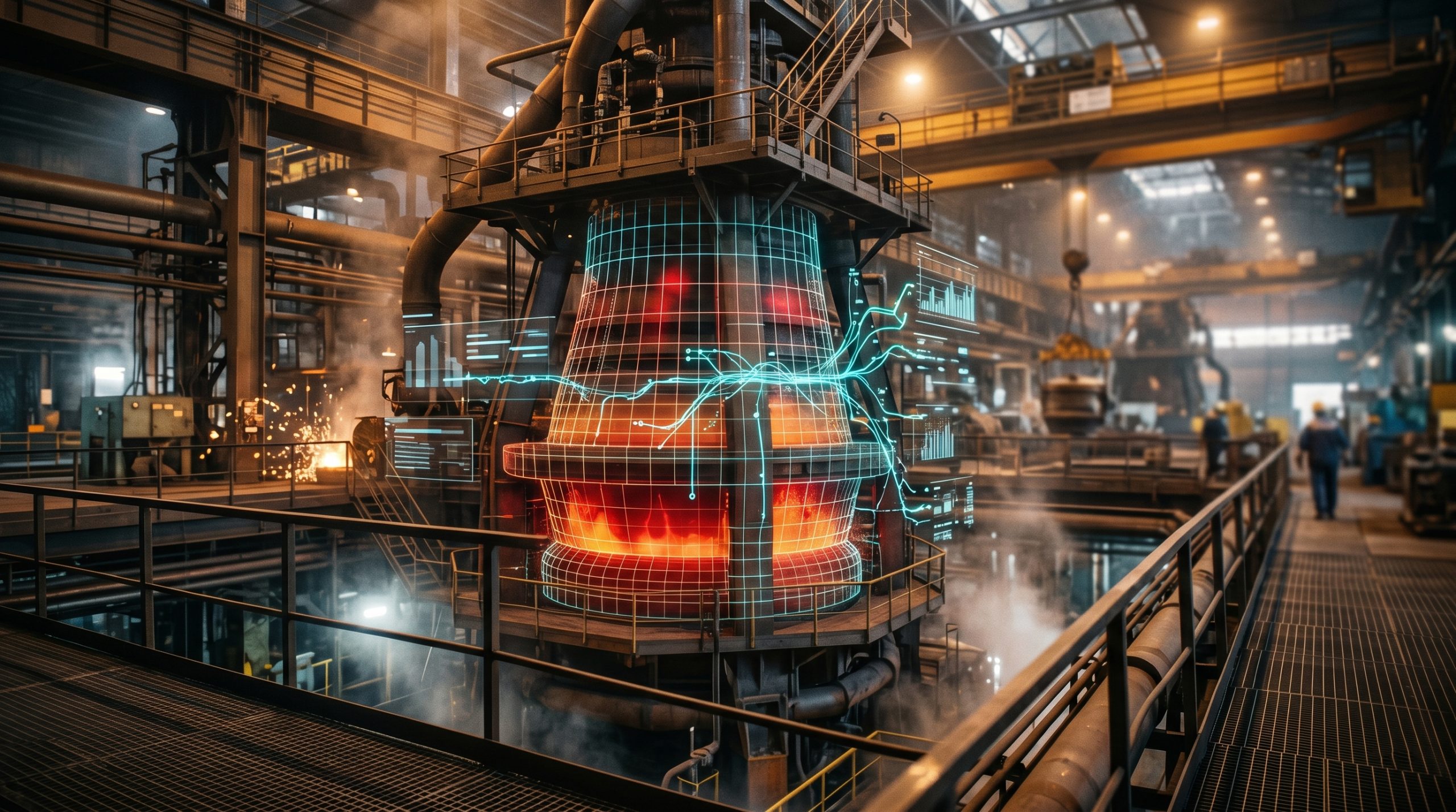 Horno industrial con una superposición gráfica translúcida de mapa térmico gestionado por inteligencia artificial perimetral.