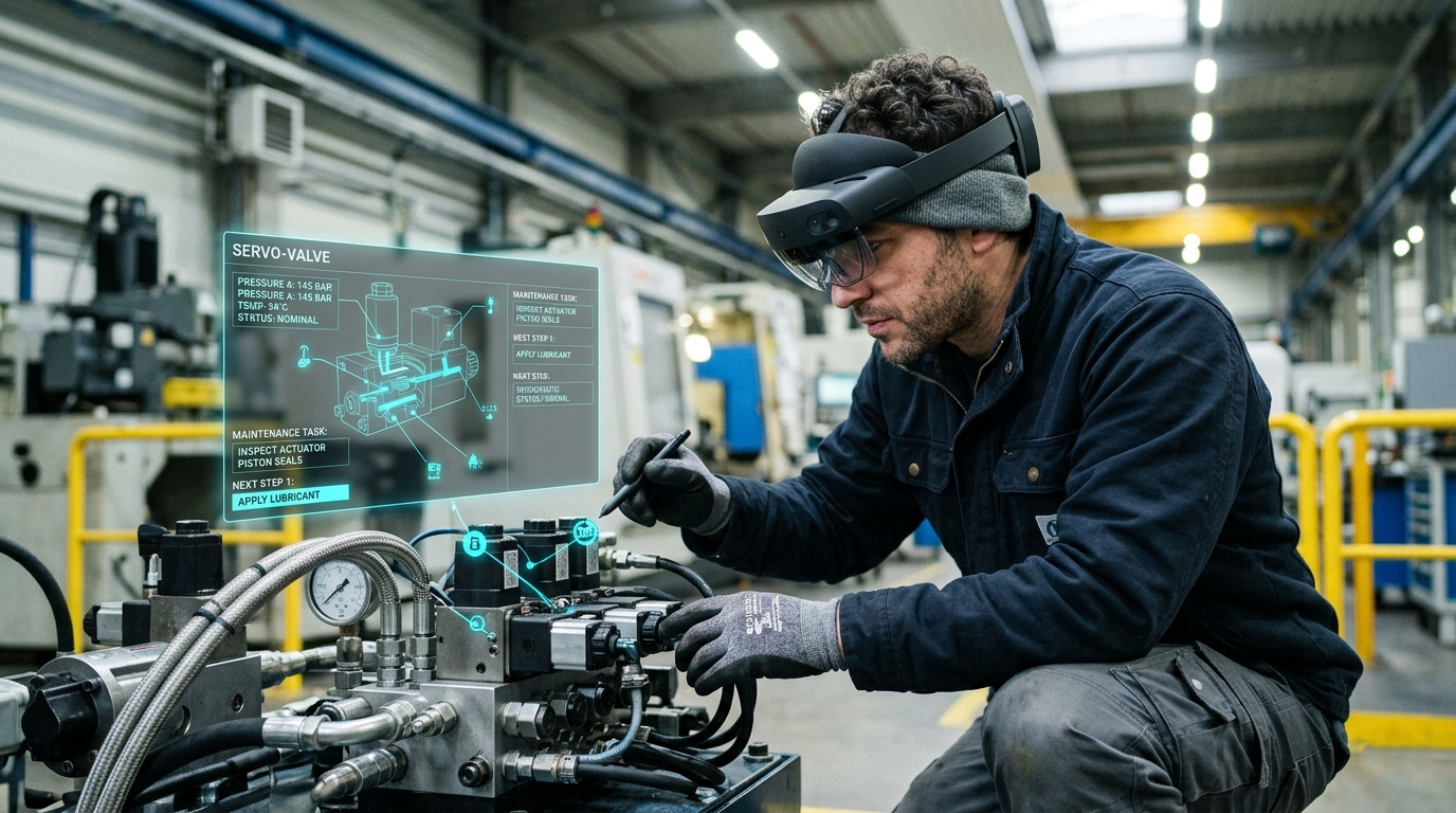 Técnico de mantenimiento utilizando un visor de realidad aumentada que proyecta esquemas digitales sobre maquinaria industrial.