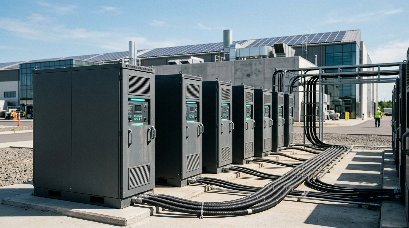 Fila de armarios de almacenamiento energético en baterías (BESS) instalados en el exterior de una planta de manufactura avanzada.