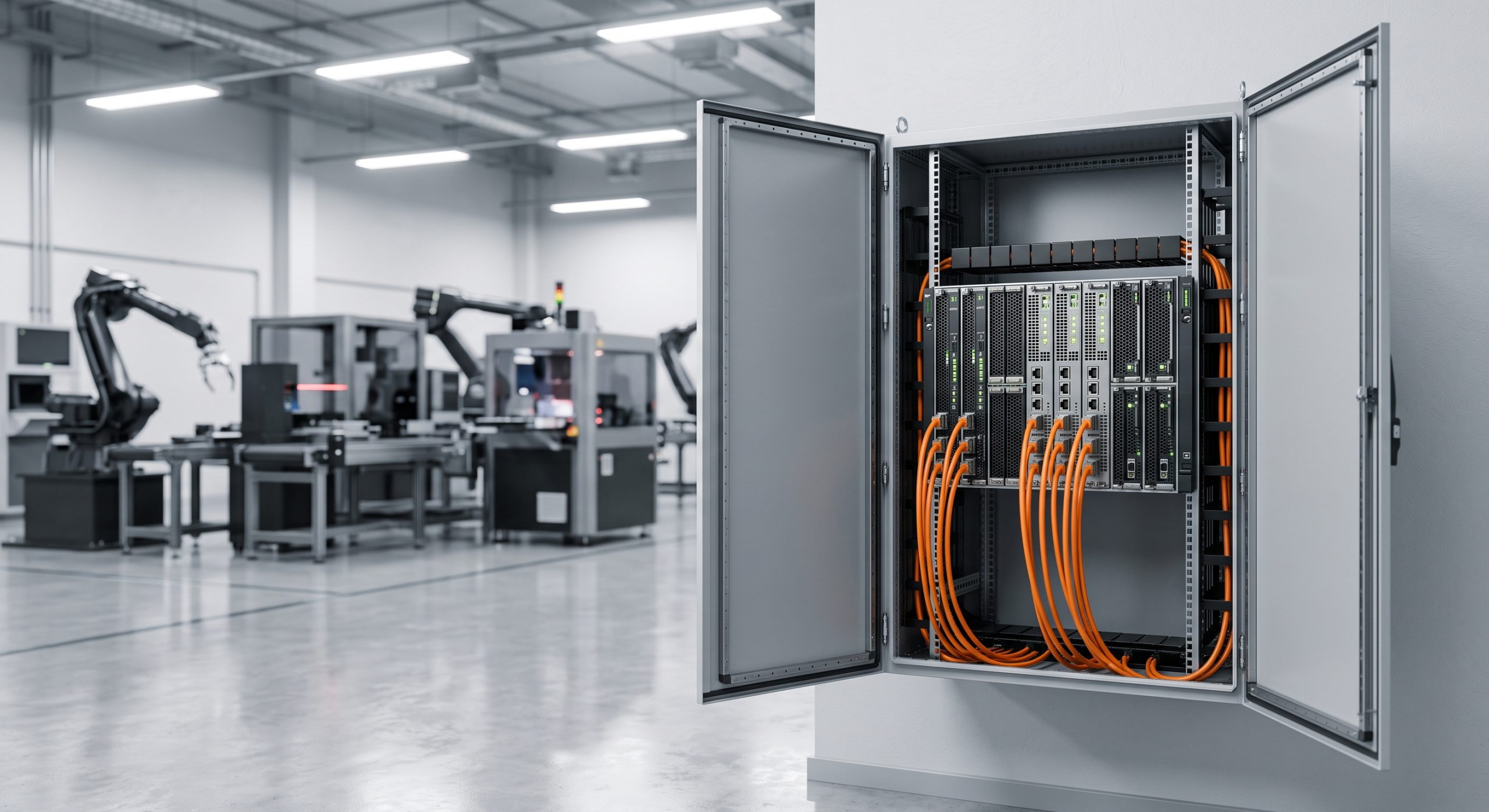 Armario eléctrico industrial moderno que aloja un servidor Edge de alto rendimiento en lugar de los tradicionales PLCs de hardware.