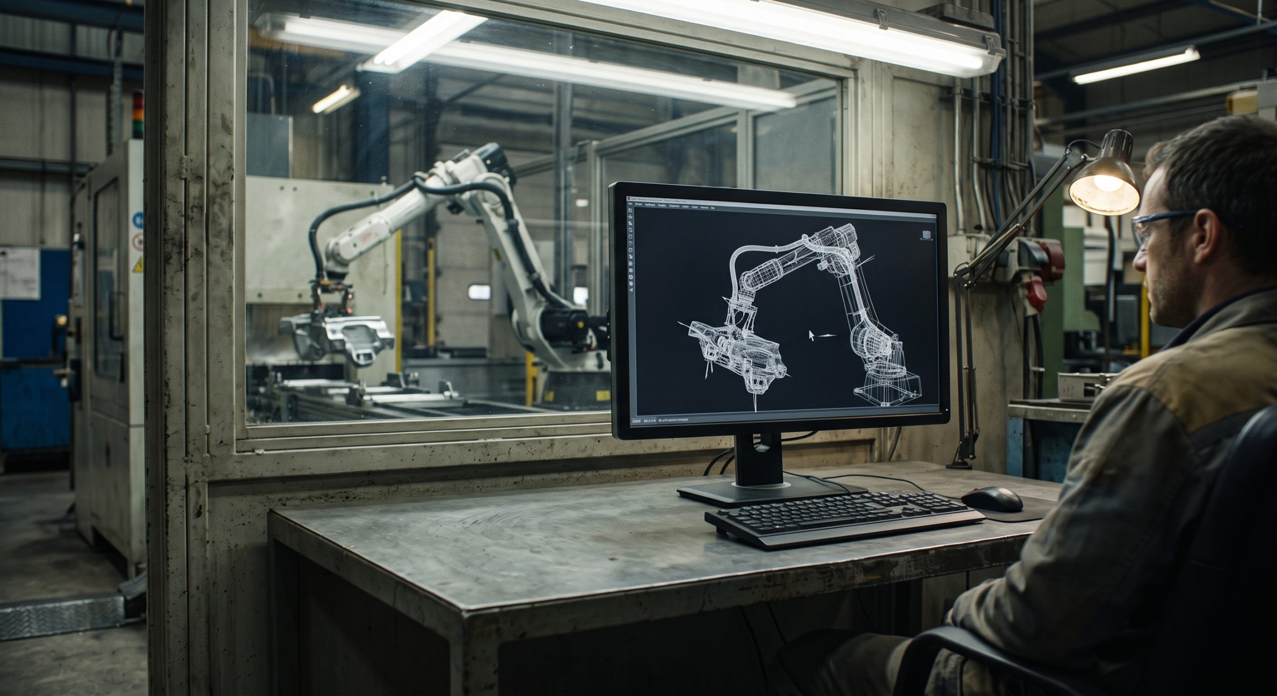 Monitor industrial mostrando una simulación física en malla de alambre frente a una celda robótica real en la planta de montaje.