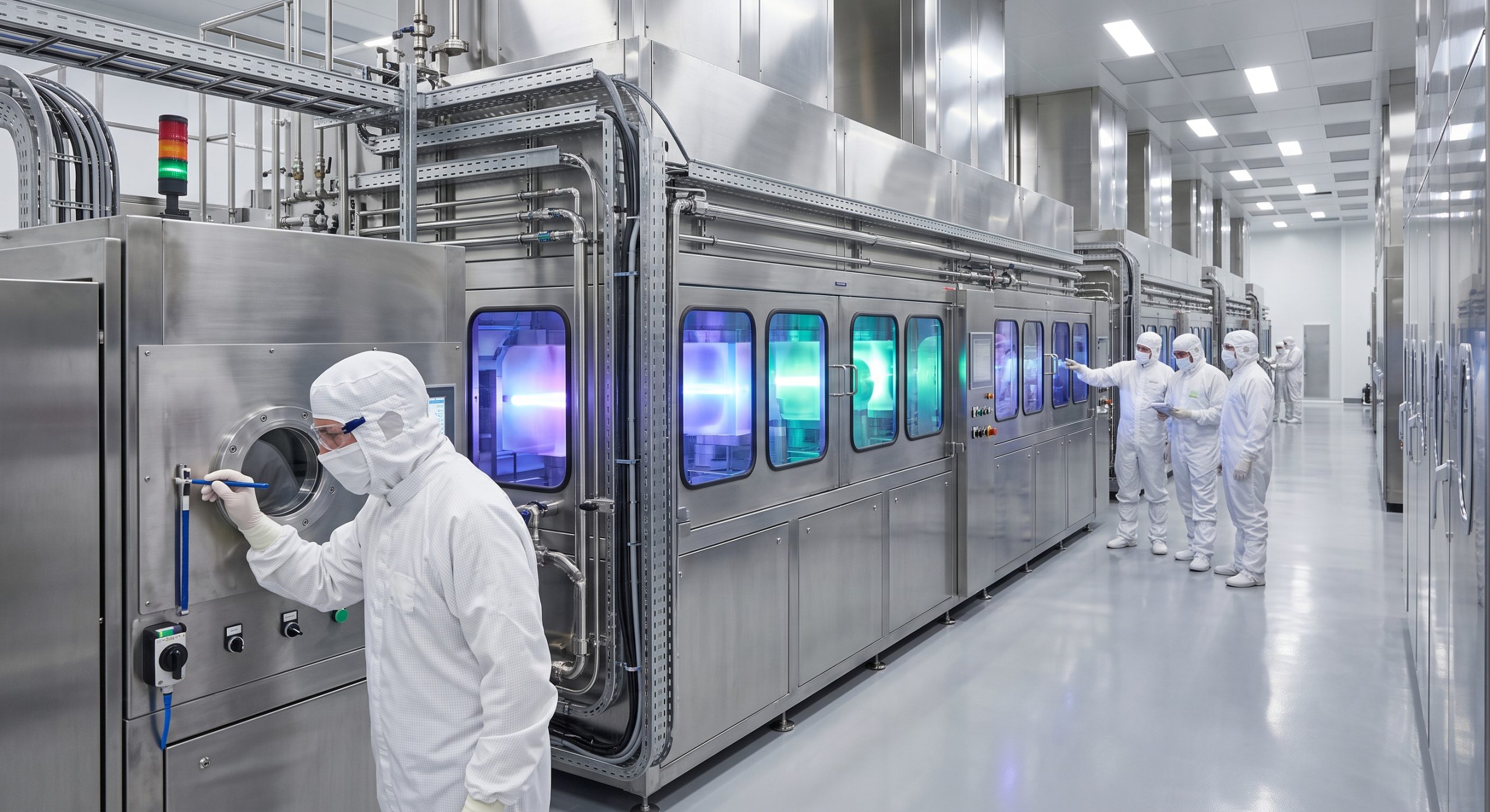 Reactores industriales de acero para la fabricación de componentes de semiconductores en una sala limpia operada por técnicos.