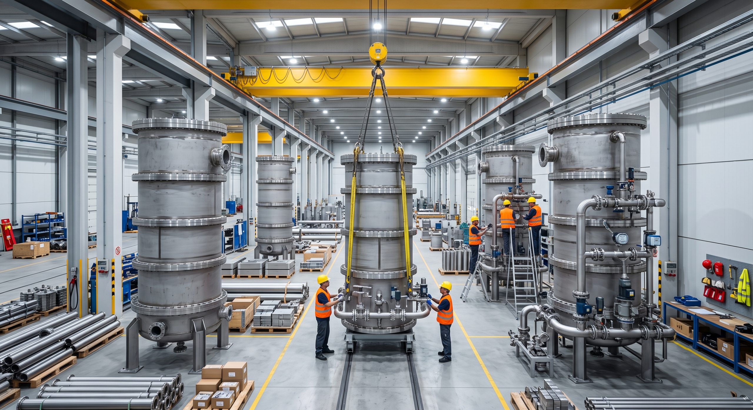 Ensamblaje de grandes módulos de electrolizadores industriales mediante grúas puente en una nave de fabricación pesada.