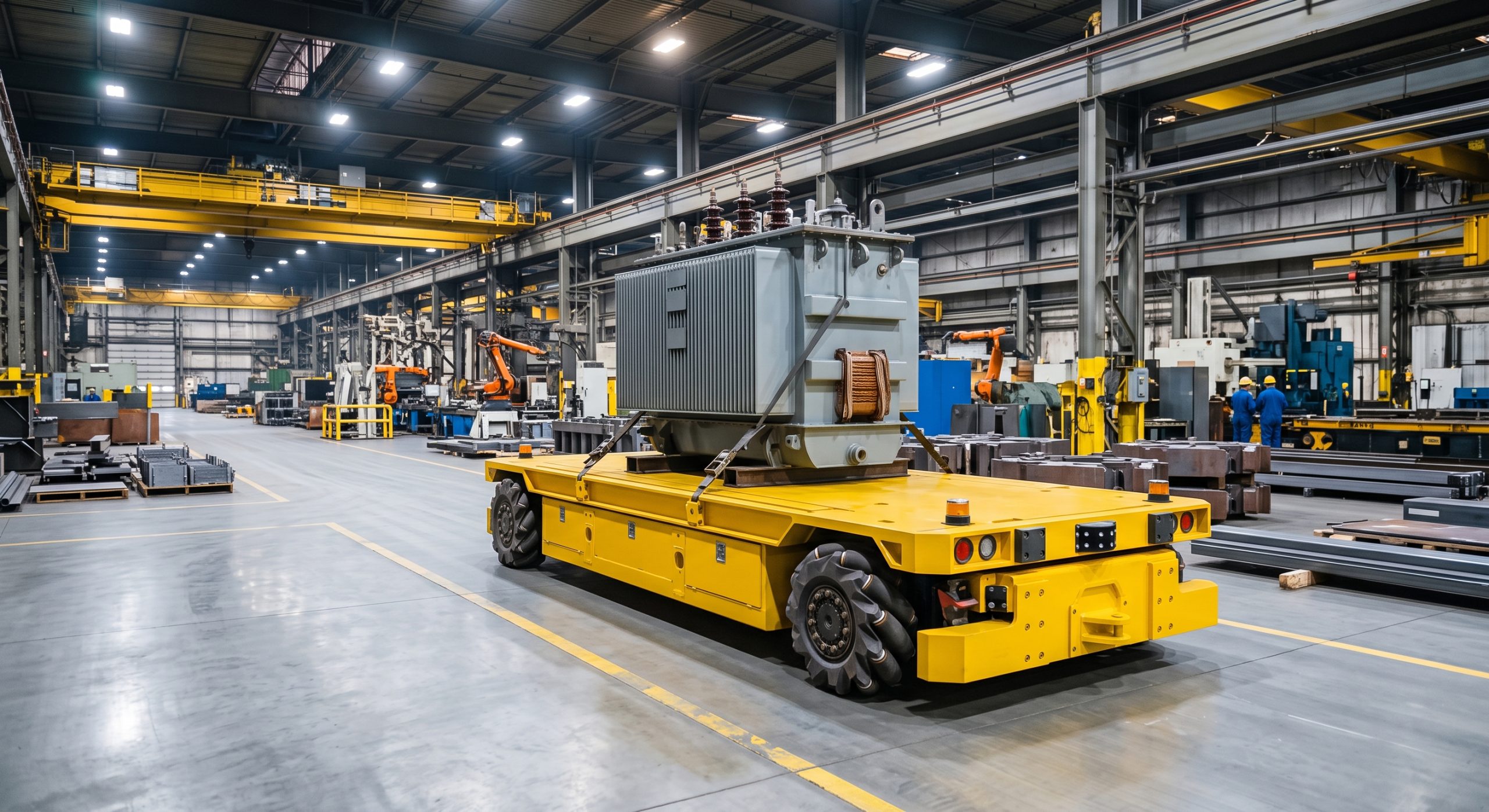 Plataforma robótica autónoma AMR de gran tonelaje transportando un transformador eléctrico industrial en una fábrica.
