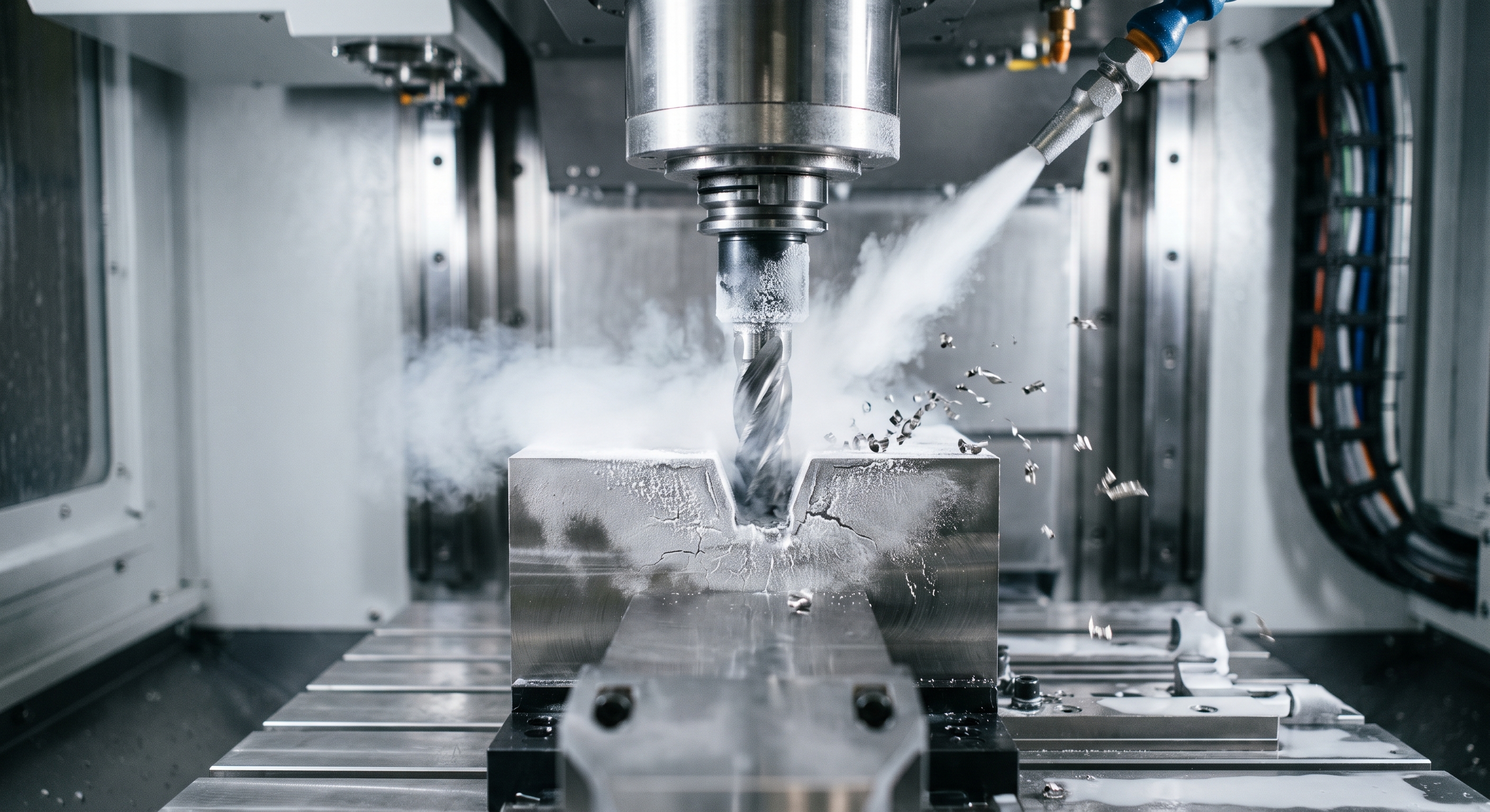 Fresa CNC cortando un bloque de titanio con inyección de nitrógeno líquido blanco en un entorno extremadamente limpio y sin aceite.