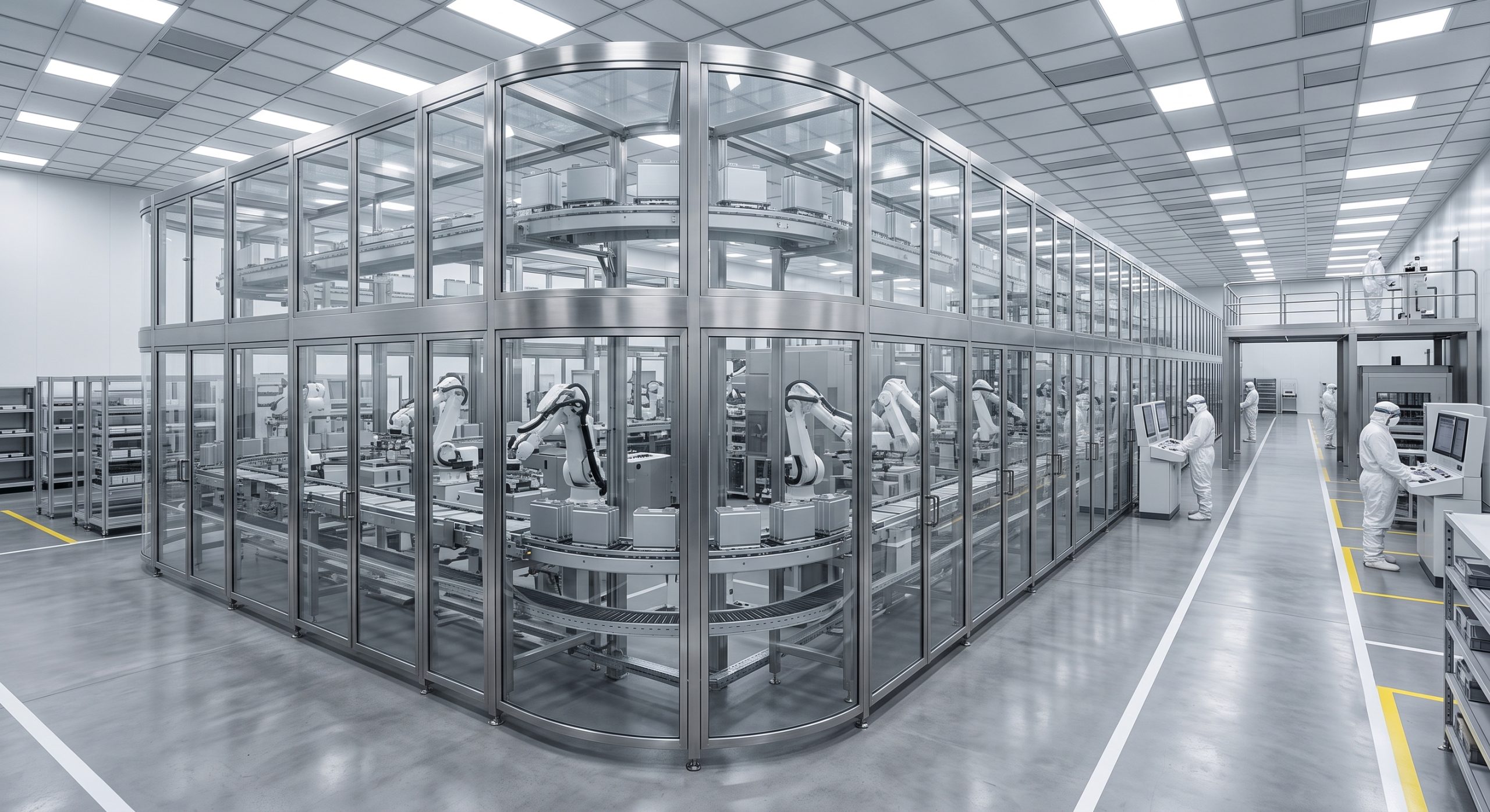 Una fotografía industrial fotorrealista de gran angular desde el interior de una sala blanca de gigafactoría de baterías de estado sólido, que muestra una línea de montaje totalmente automatizada y cerrada en vidrio y acero cepillado, produciendo celdas de batería. En la distancia, técnicos con trajes de seguridad estériles supervisan las operaciones.