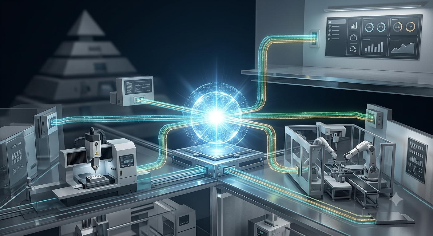 Representación conceptual de la arquitectura Unified Namespace (UNS) en un entorno industrial. En el centro, una esfera o núcleo brillante proyecta líneas de datos hacia diferentes nodos interconectados (sensores, servidores, pantallas de control y robótica) organizados en un plano horizontal, simbolizando el fin de la estructura piramidal tradicional. El ambiente es altamente tecnológico, en tonos azul marino, gris metálico y cian.
