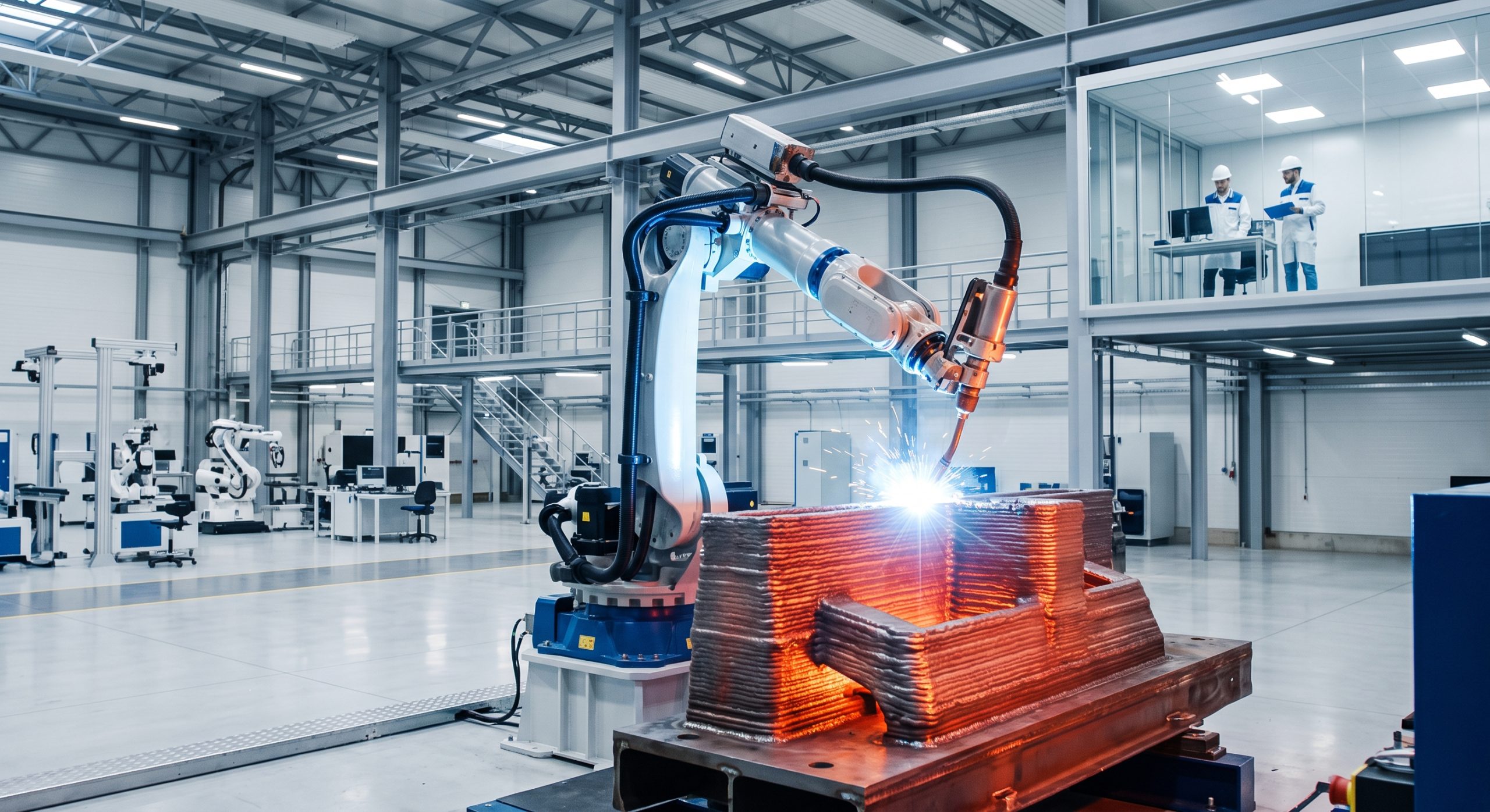 Brazo robótico industrial imprimiendo en 3D una gran pieza metálica mediante tecnología WAAM en un entorno de manufactura extremadamente limpio.