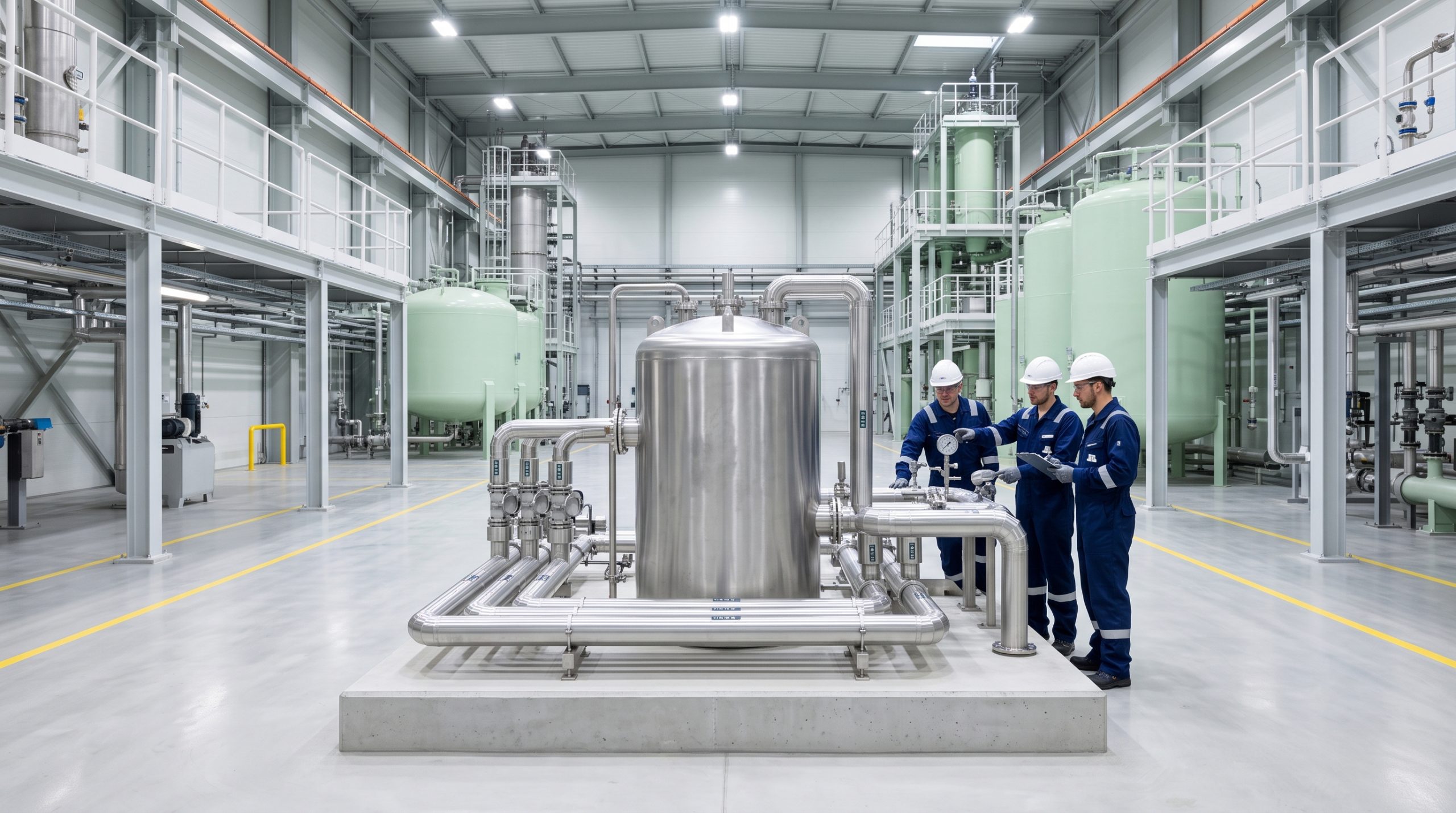 Reactor modular pequeño (SMR) de acero brillante en el interior de un complejo industrial extremadamente limpio y seguro.