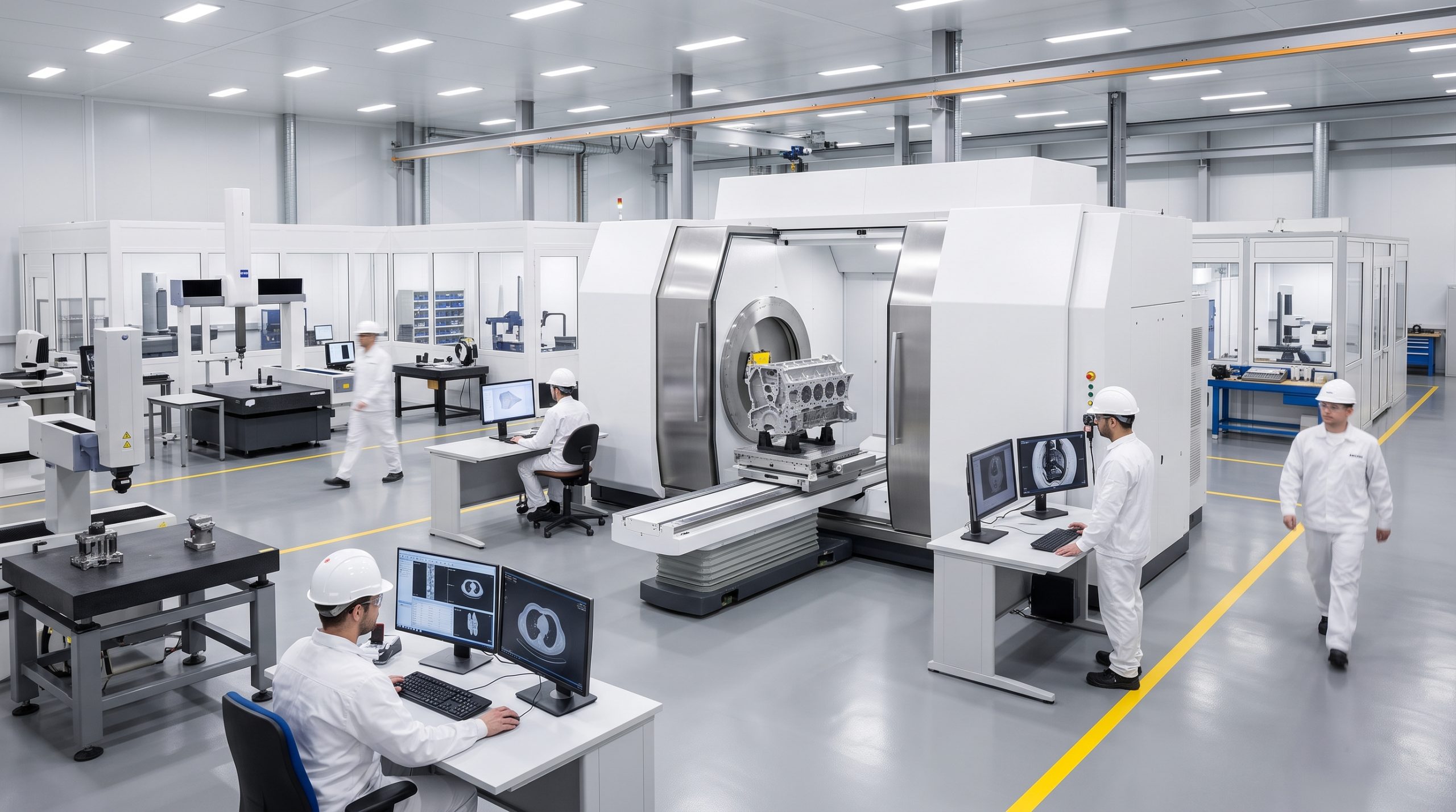 Escáner de tomografía computarizada industrial inspeccionando una pieza metálica en una sala de metrología extremadamente limpia.