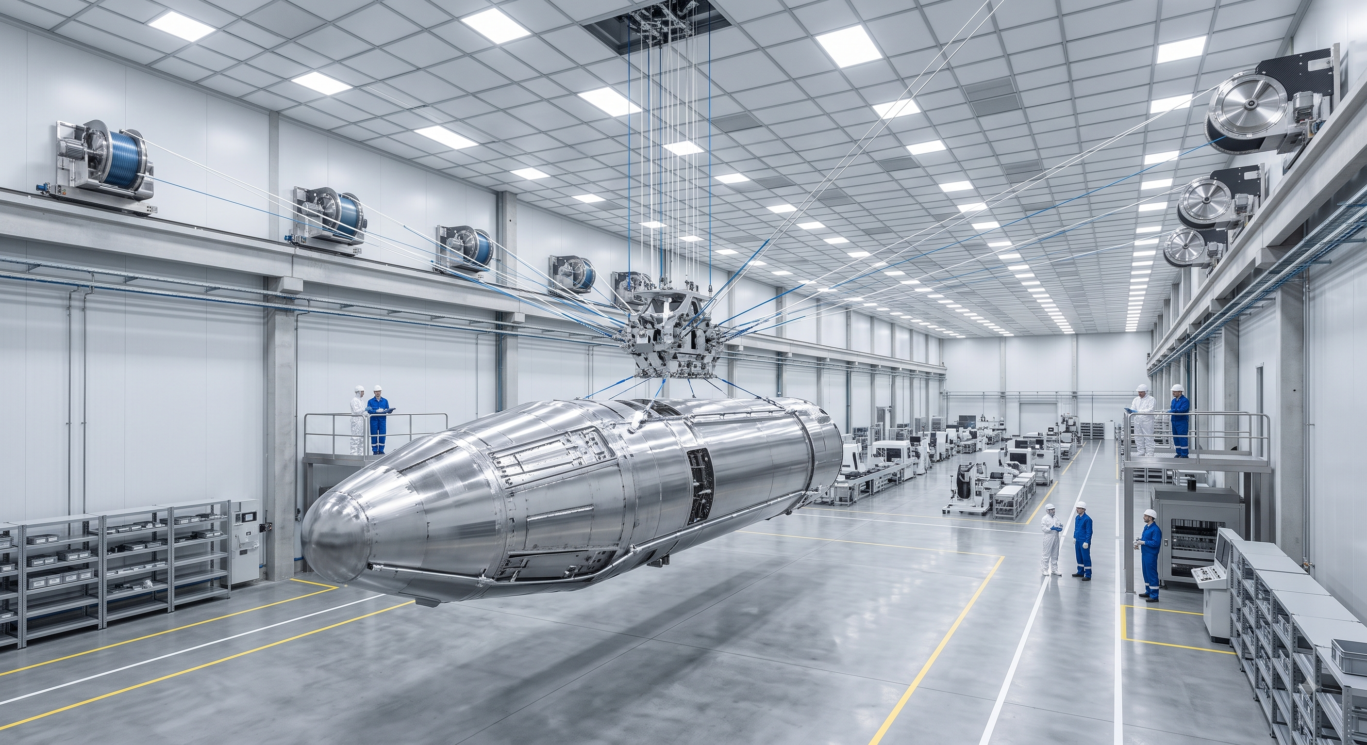 Componente aeroespacial suspendido en el aire mediante una red de cables tensores controlados por cabrestantes en un hangar extremadamente limpio.