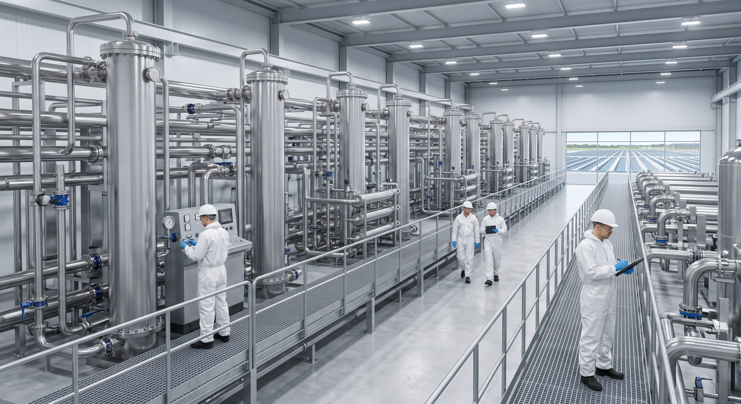 Columnas de filtración de acero brillante en una planta de Extracción Directa de Litio (DLE) extremadamente limpia.