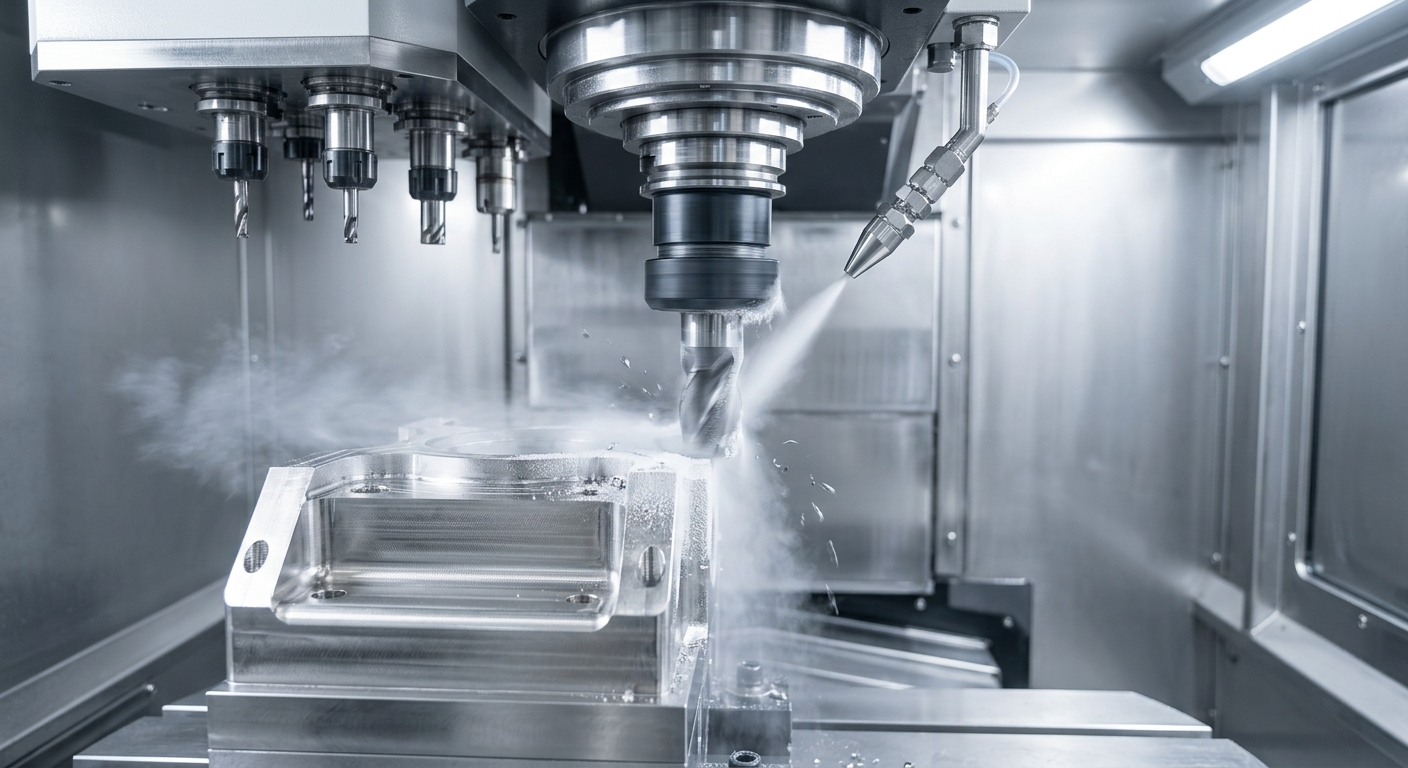 Herramienta CNC realizando mecanizado criogénico sobre una pieza de titanio sin usar fluidos de corte líquidos.