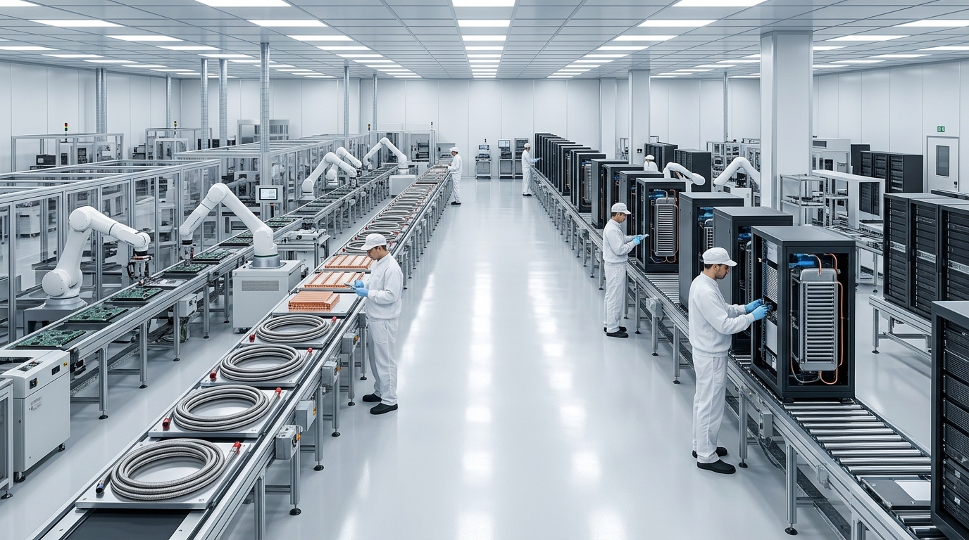 Mangueras de refrigeración líquida e intercambio térmico de cobre en una planta de ensamblaje industrial ultralimpia.