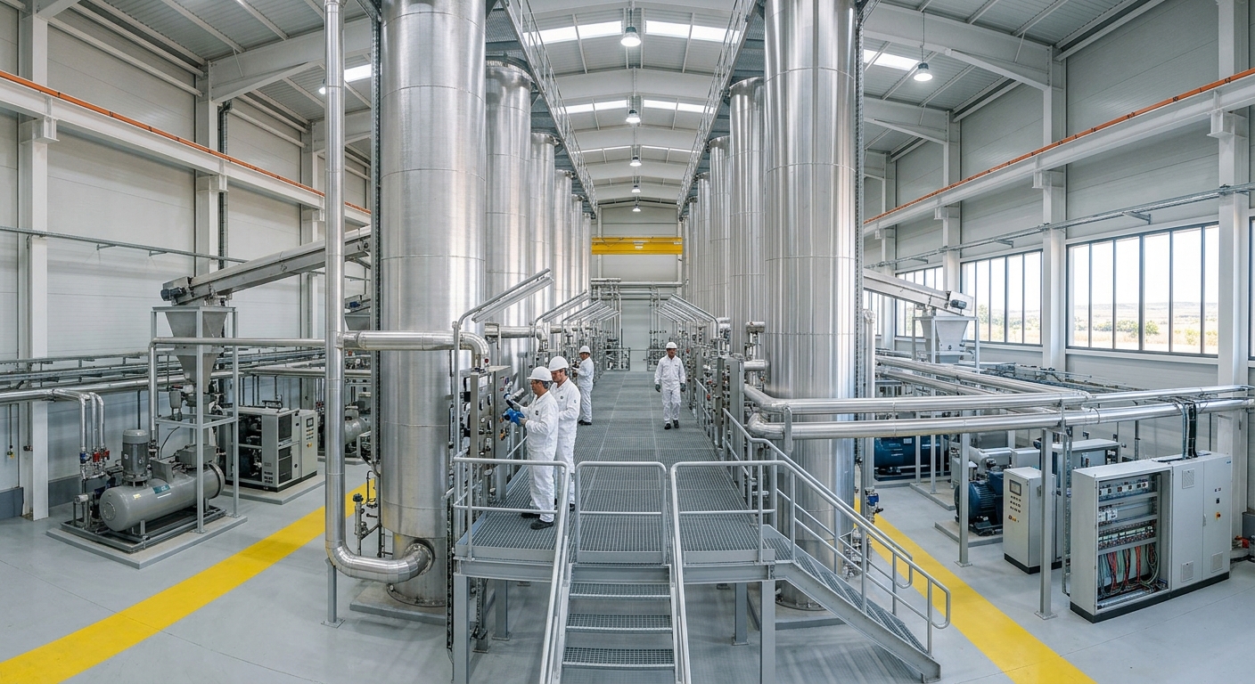 Torres de reducción directa de hierro y tuberías de acero brillante en una planta siderúrgica de hidrógeno verde extremadamente limpia.