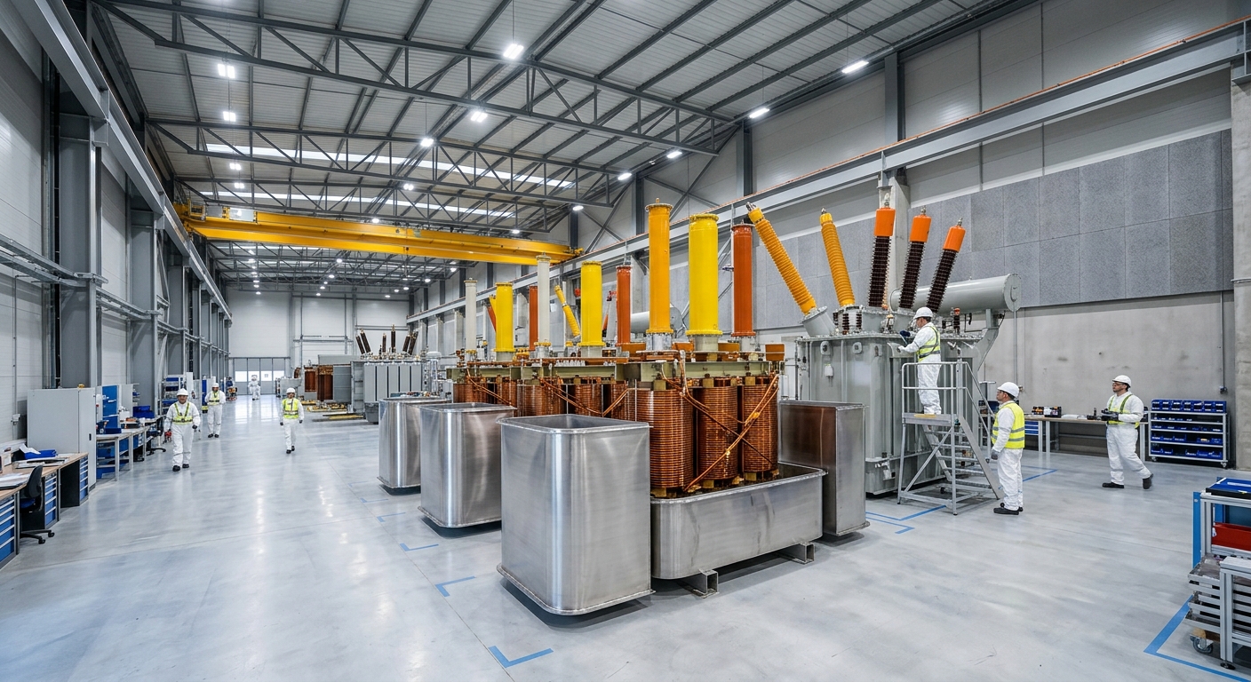 Bobinados de cobre y transformadores de alta tensión en el interior de una planta de ensamblaje eléctrico extremadamente limpia.
