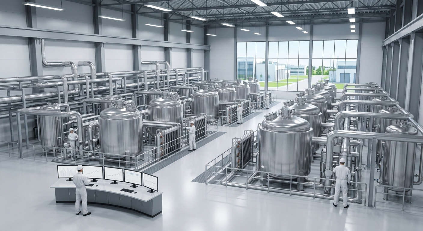 Vasos de contención de acero inoxidable y tuberías de vapor en una instalación de reactores modulares SMR extremadamente limpia.