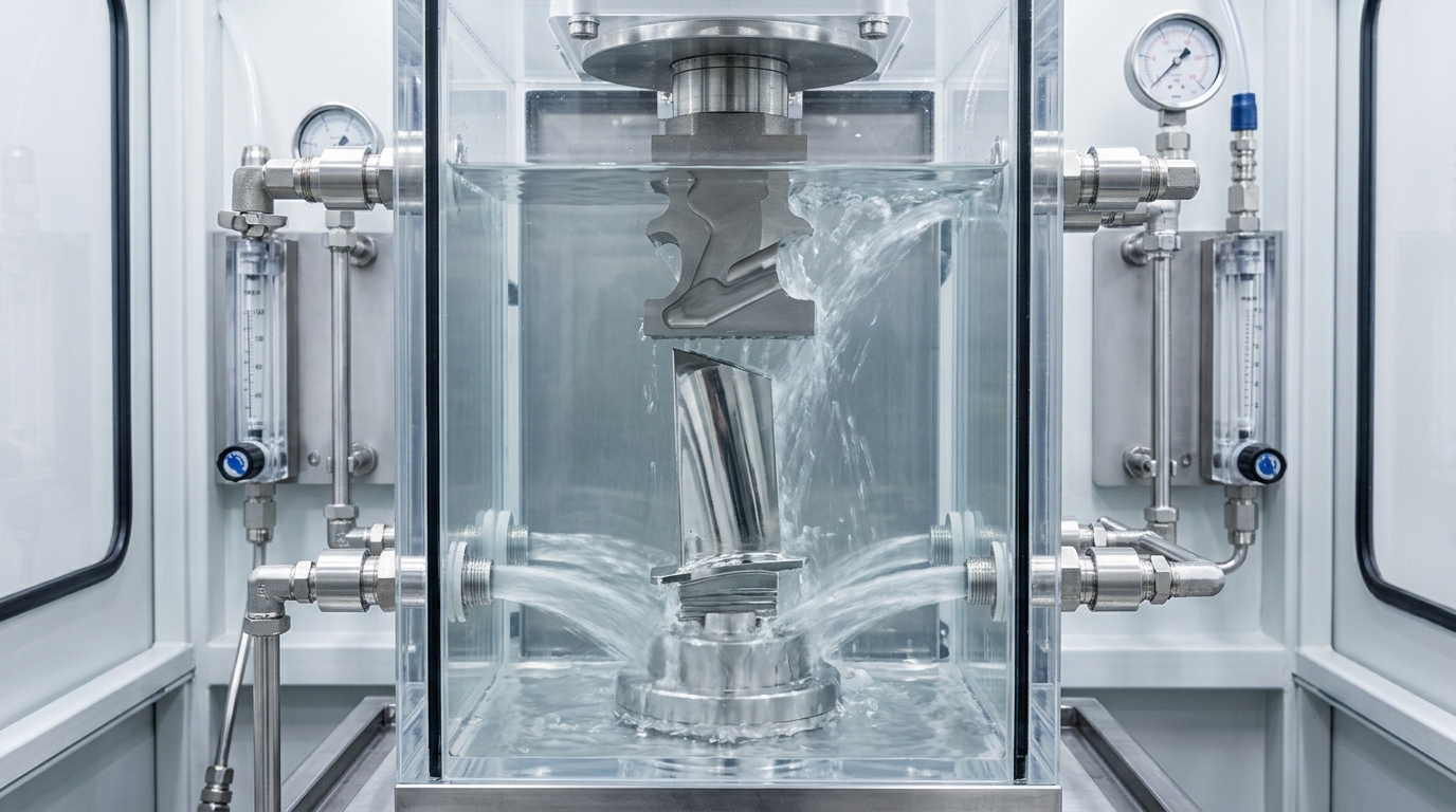 Cabezal de mecanizado electroquímico de precisión (PECM) trabajando sobre una pieza de Inconel con acabado espejo en un entorno limpio.