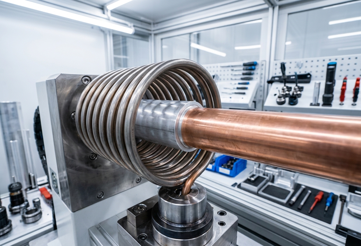 Maquinaria de soldadura por impulso magnético uniendo un componente de aluminio con uno de cobre en un entorno industrial ultralimpio.