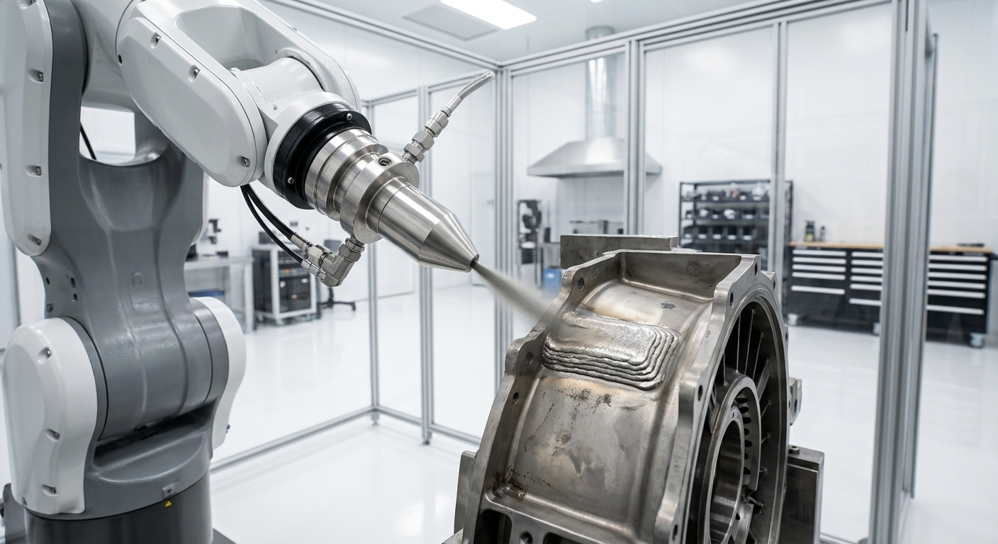 Boquilla robótica de pulverización en frío (CSAM) aplicando partículas metálicas a velocidad supersónica sobre un componente aeronáutico en un entorno limpio.