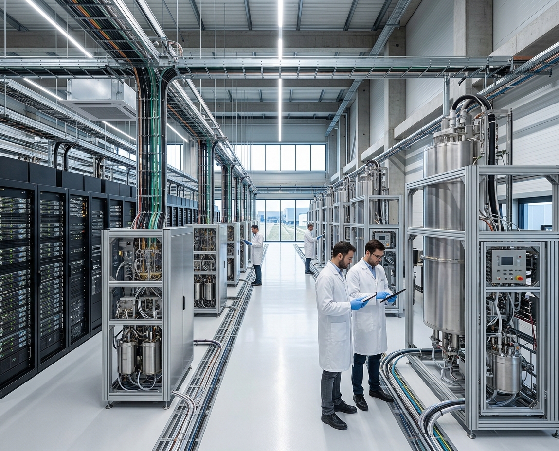 Criostatos de acero inoxidable y procesadores cuánticos en un centro de supercomputación industrial ultralimpio.