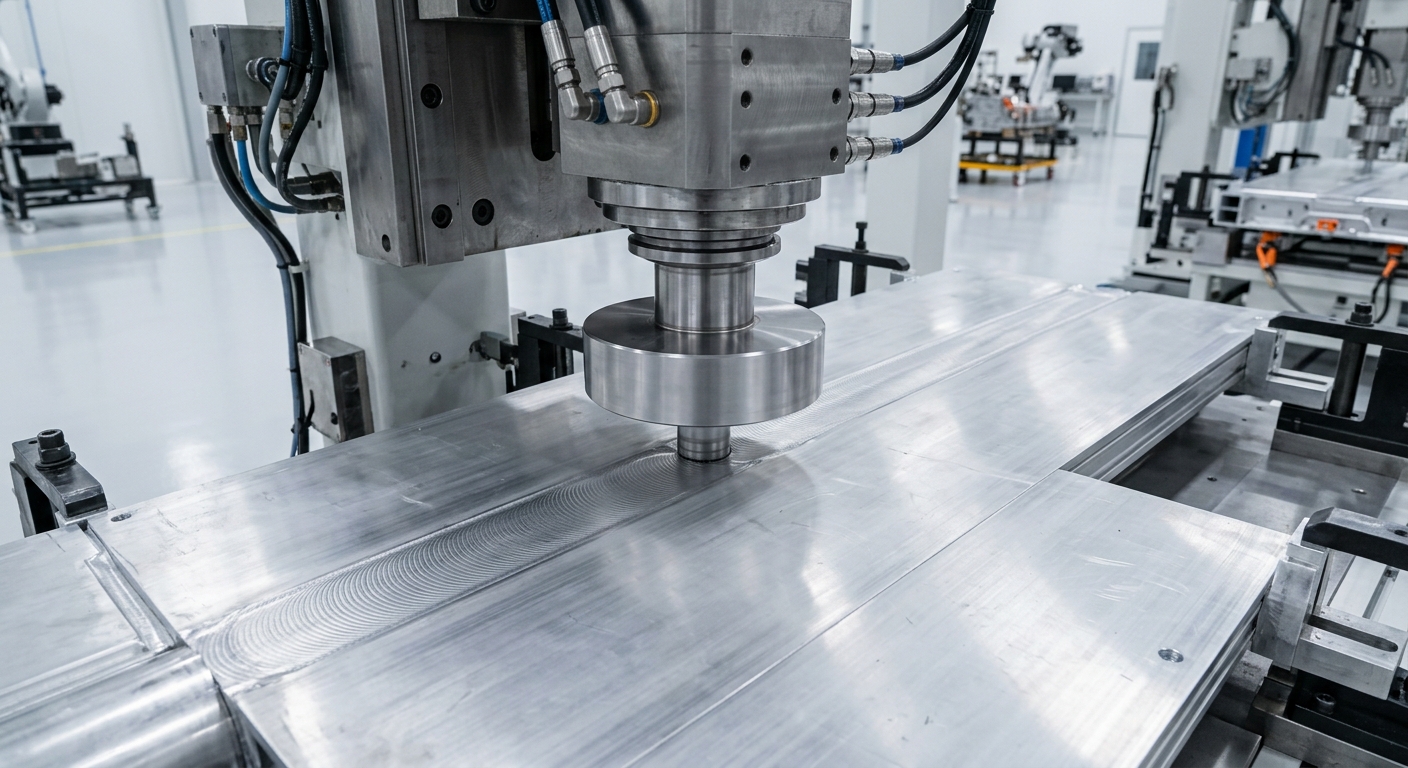 Cabezal industrial de soldadura por fricción batido (FSW) uniendo dos placas de aluminio de gran formato en un entorno limpio.