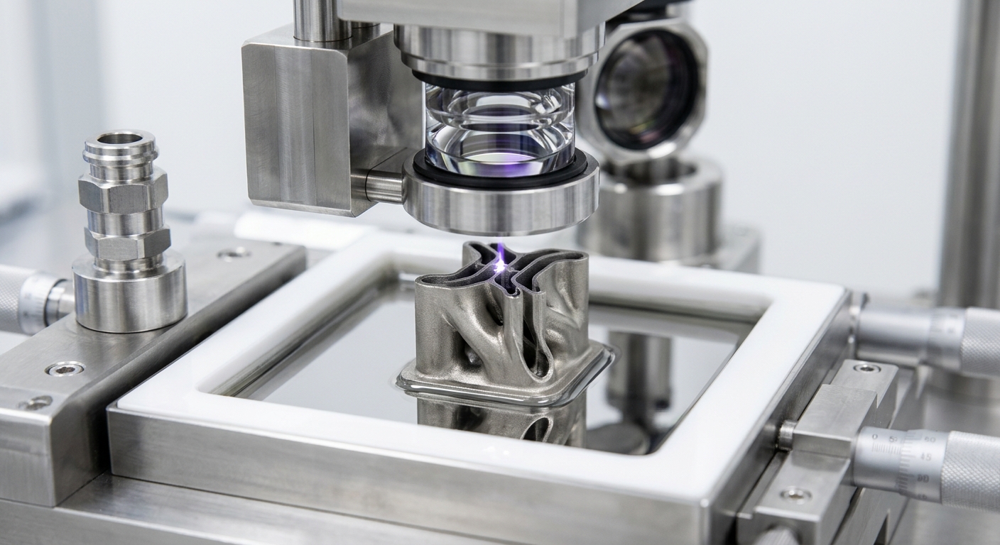 Proyector de precisión UV en una celda de micro-fabricación aditiva metálica (Micro-AM) construyendo un cambiador de calor microfluídico.